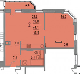 Двухкомнатная квартира 65.3 м²