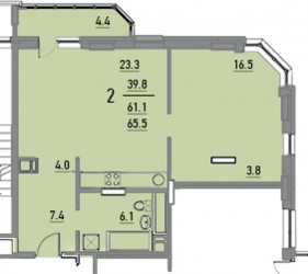 Двухкомнатная квартира 65.6 м²