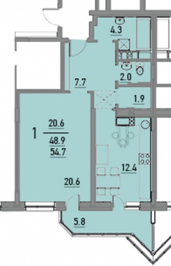 Однокомнатная квартира 54.5 м²