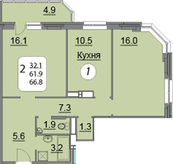 Двухкомнатная квартира 66.8 м²