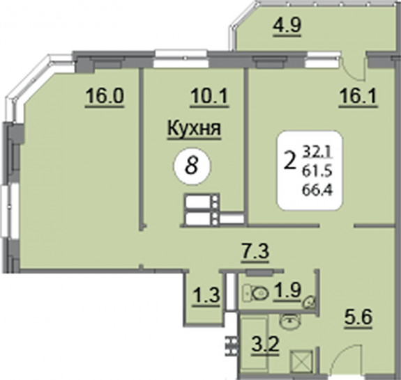Двухкомнатная квартира 66.4 м²