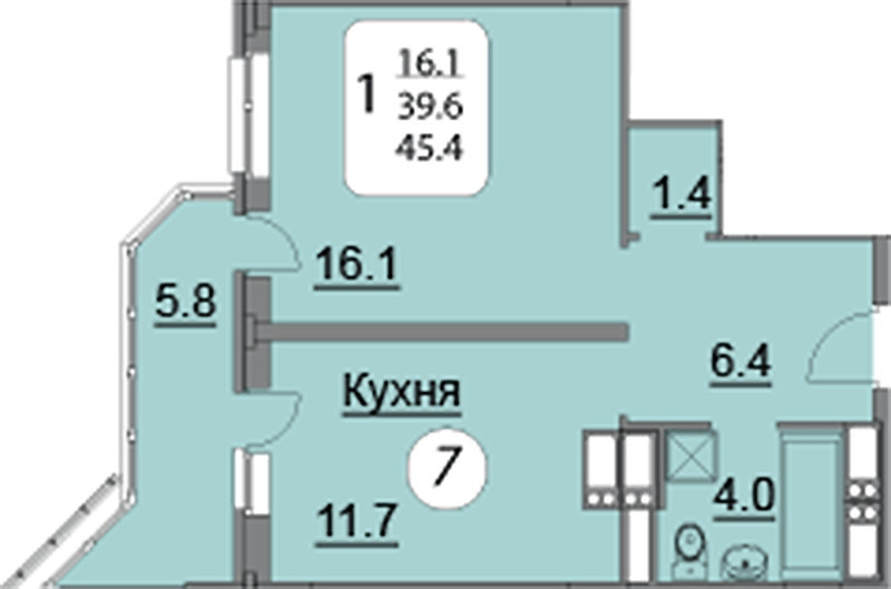 Однокомнатная квартира 45.4 м²