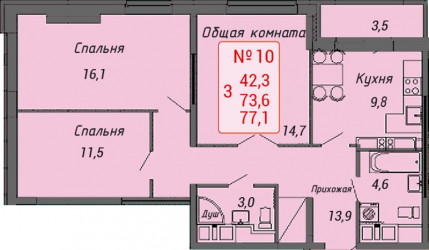 Трёхкомнатная квартира 77.1 м²