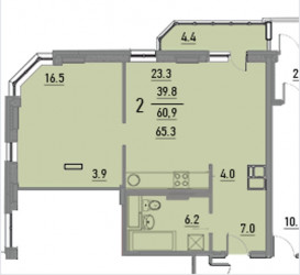 Двухкомнатная квартира 65.4 м²