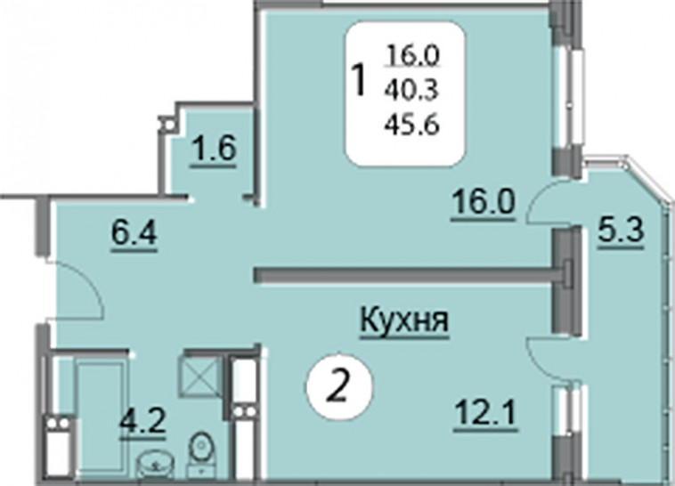 Однокомнатная квартира 45.6 м²