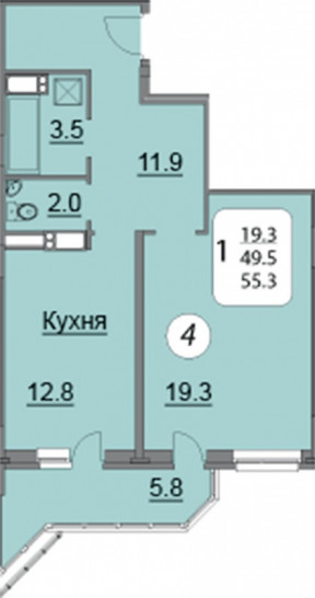 Однокомнатная квартира 55.3 м²