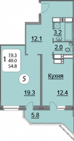 Однокомнатная квартира 54.8 м²