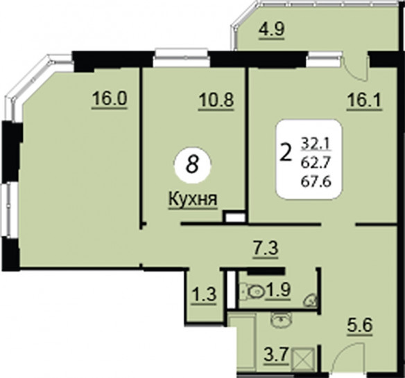 Двухкомнатная квартира 67.6 м²