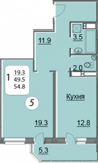 Однокомнатная квартира 54.8 м²
