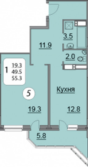 Однокомнатная квартира 55.3 м²
