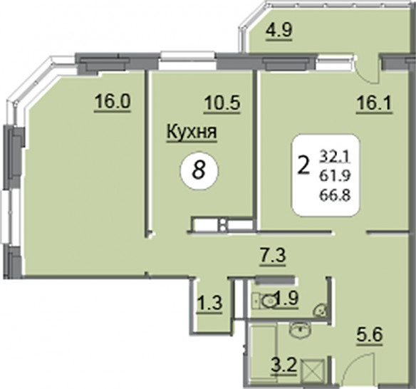 Двухкомнатная квартира 66.8 м²