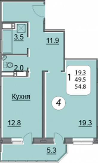 Однокомнатная квартира 54.8 м²