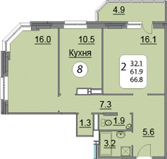Двухкомнатная квартира 66.8 м²