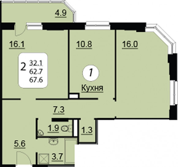 Двухкомнатная квартира 67.6 м²